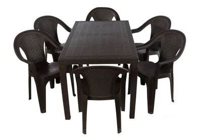 ➤Цена   Купить Набор пластиковой мебели стол + 6 стульев под ротанг коричневый ➤Коричневый ➤Садовый комплект➤Italiya-НСМ➤2800000018610САДГ фото