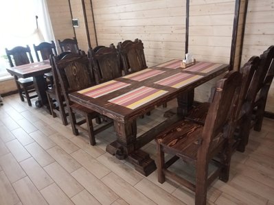 ➤Цена 19 665 грн UAH Купить Комплект стол Ланидрак нераскладной со стульями 6 шт Леафар деревянный под старину ➤Горіх ➤Комплект - стол стул лавки➤МЕКО➤0116МЕКО фото