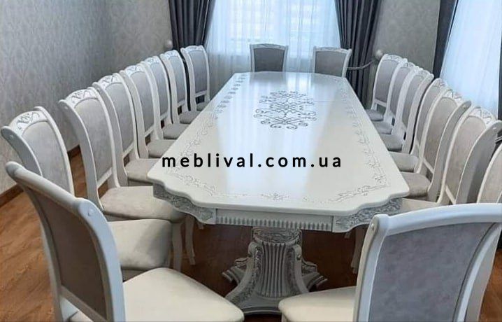 ➤Ціна 25 785 грн UAH Купити Стіл дерев'яний 200х100(+40х2) з різьбленими опорами та фігурною стільницею ivory➤Білий ➤Столы деревянные➤Агросвит➤10111СТ фото