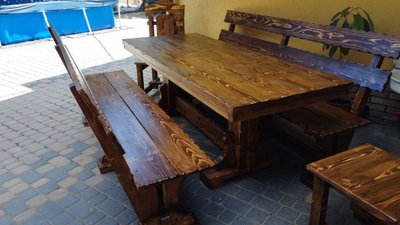 ➤Ціна 26 600 грн UAH Купити Комплект стіл обідній 120х80 з двома лавками дерев'яний під старовину➤Горіх ➤Комплект - стол стул лавки➤МЕКО➤0232МЕКО1 фото