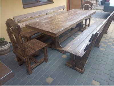 ➤Ціна 30 200 грн UAH Купити Комплект стіл обідній 120х80 з двома лавками + 2 стільця дерев'яний під старовину➤Горіх ➤Комплект - стол стул лавки➤МЕКО➤0233МЕКО1 фото