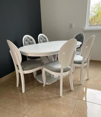 ➤Цена 31 602 грн UAH Купить Комплект стол обеденный 120х80(+40) белый + стулья с круглой спинкой 6 шт серые ➤Белый ➤Комплекты обеденные деревянные➤Rotanes➤0201SEN фото