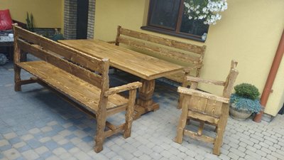 ➤Ціна 26 400 грн UAH Купити Комплект стіл нерозкладний 120х80 з двома лавками + 2 стільця дерев'яний під старовину➤Горіх ➤Комплект - стол стул лавки➤МЕКО➤0234МЕКО1 фото