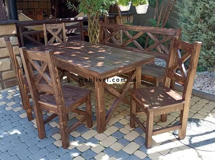 ➤Цена 23 321 грн UAH Купить Комплект стол 160х80 нераскладной с лавкой и стульями 4 шт деревянный под старину ➤Горіх ➤Комплект - стол стул лавки➤Rotanes➤0106МЕКО фото