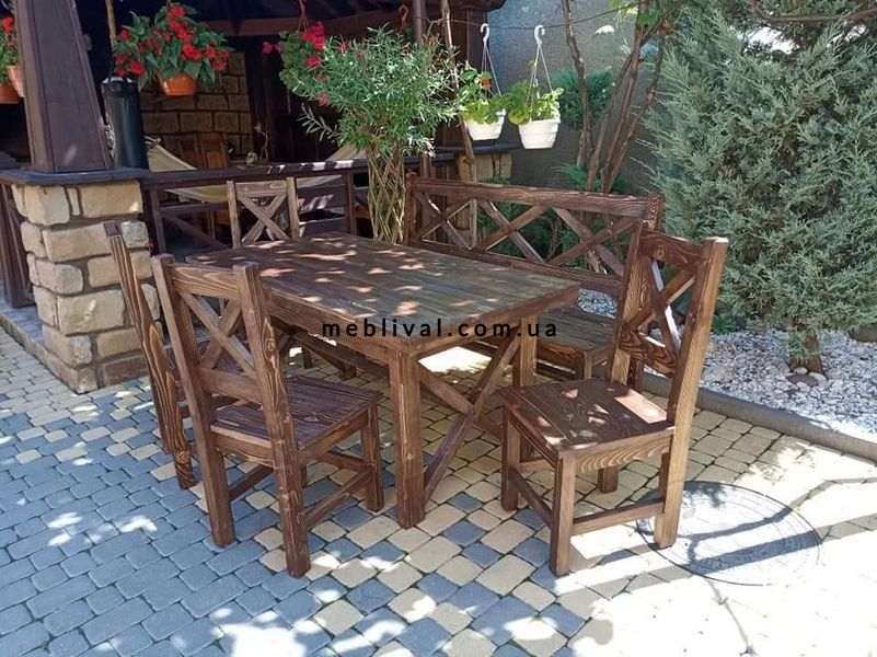 ➤Цена 23 321 грн UAH Купить Комплект стол 160х80 нераскладной с лавкой и стульями 4 шт деревянный под старину ➤Горіх ➤Комплект - стол стул лавки➤Rotanes➤0106МЕКО фото