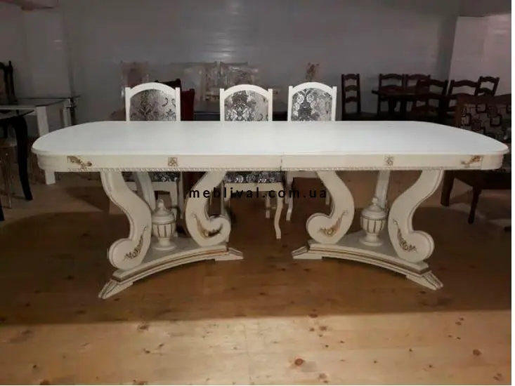 Великий стіл у стилі бароко для обідньої зони на фігурних опорах Брантом білий 2000х900 (+400)