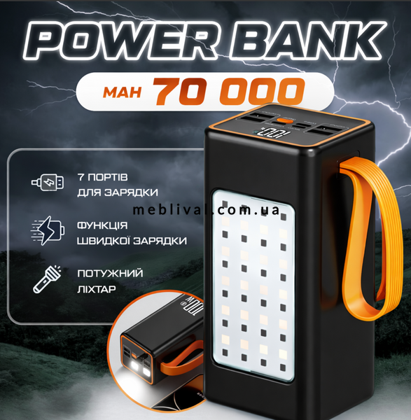 ➤Цена 2 499 грн UAH Купить Мощный Power Bank XP-51 70000 мАч 20W PD с LED-лампой и цифровым дисплеем ➤Черный ➤Другое➤ImportTop➤151515 фото Мощный Power Bank XP-51 емкостью 70000 мАч с поддержкой быстрой зарядки PD 20W, яркой LED-лампой и цифровым дисплеем. Практичное решение для смартфонов, планшетов, путешествий, кемпинга и использования во время отключений электроэнергии.