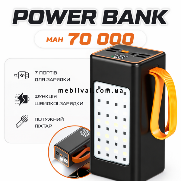 ➤Цена 2 499 грн UAH Купить Мощный Power Bank XP-51 70000 мАч 20W PD с LED-лампой и цифровым дисплеем ➤Черный ➤Другое➤ImportTop➤151515 фото Мощный Power Bank XP-51 емкостью 70000 мАч с поддержкой быстрой зарядки PD 20W, яркой LED-лампой и цифровым дисплеем. Практичное решение для смартфонов, планшетов, путешествий, кемпинга и использования во время отключений электроэнергии.