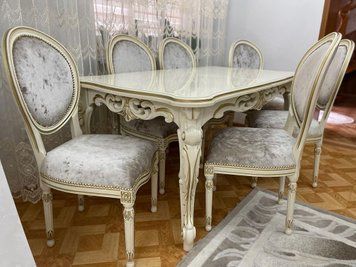 ➤Цена 96 540 грн  Купить Комплект обеденный стол 1600+400х950 + стулья 6 шт Бастиан слоновая кость патина золото ➤белый с патиной ➤Комплекты обеденные деревянные➤Агросвит ФК➤6601854ПЛМ фото
