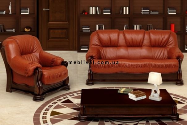 ➤Ціна 49 167 грн  Купити Комплект мягкой мебели классический диван раскладной + кресло нераскладное с деревянными резными деталями➤Коричневий ➤Комплекты диван + кресла➤Ю_Н➤440310645юд85 фото