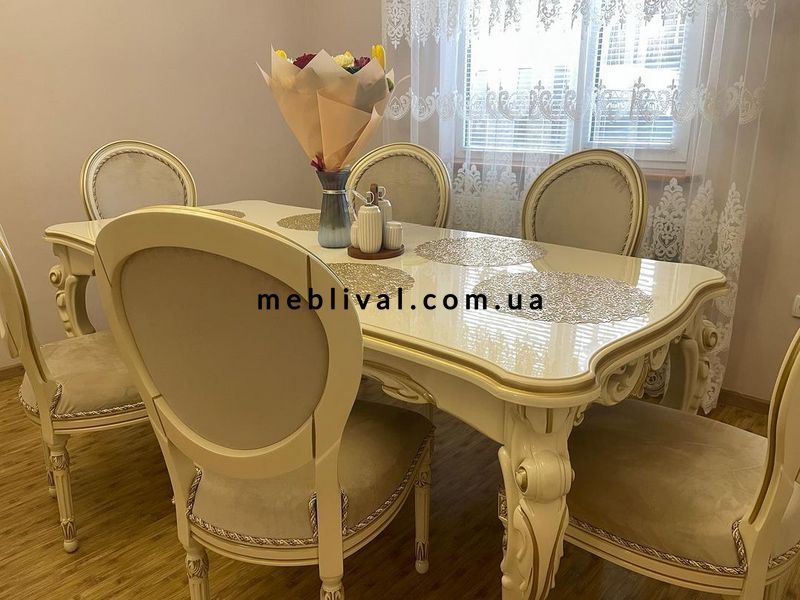 ➤Ціна 96 540 грн  Купити Комплект обеденный стол 1600+400х950 + стулья 6 шт Бастиан слоновая кость патина золото➤белый с патиной ➤Комплекты обеденные деревянные➤Агросвит ФК➤6601854ПЛМ фото