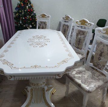 ➤Цена 44 693 грн UAH Купить Стол и стулья деревянные 1+6 Роланд 200х100+40+40 белый патина золото ➤слоновая кость с патиной ➤Комплекты обеденные деревянные➤Агросвит 2С➤6601909ПЛМ фото
