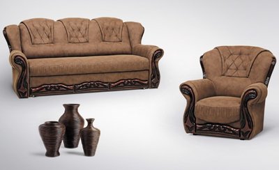 ➤Цена 44 129 грн  Купить Комплект мягкой мебели диван + кресло с декоративными накладками ППУ Боннель коричневый ➤Коричневый ➤Комплекты диван + кресла➤Ю_Н➤440310722юд18 фото