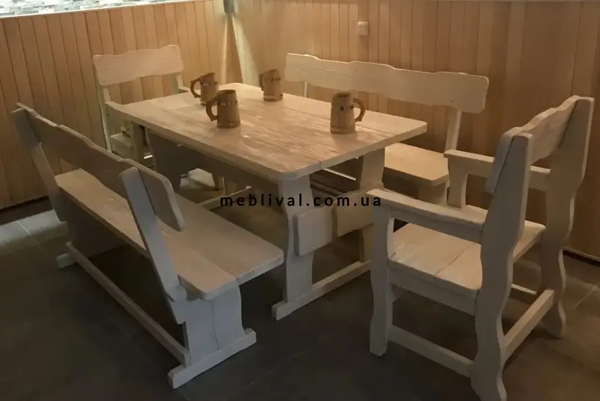 Комплект мебели стол 120х80 с лавками 2 шт + стуля с подлокотниками 2 шт деревянные под старину