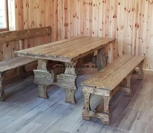Комплект обеденный стол 120х80 + лавка со спинкой и лавка без спинки деревянные под старину